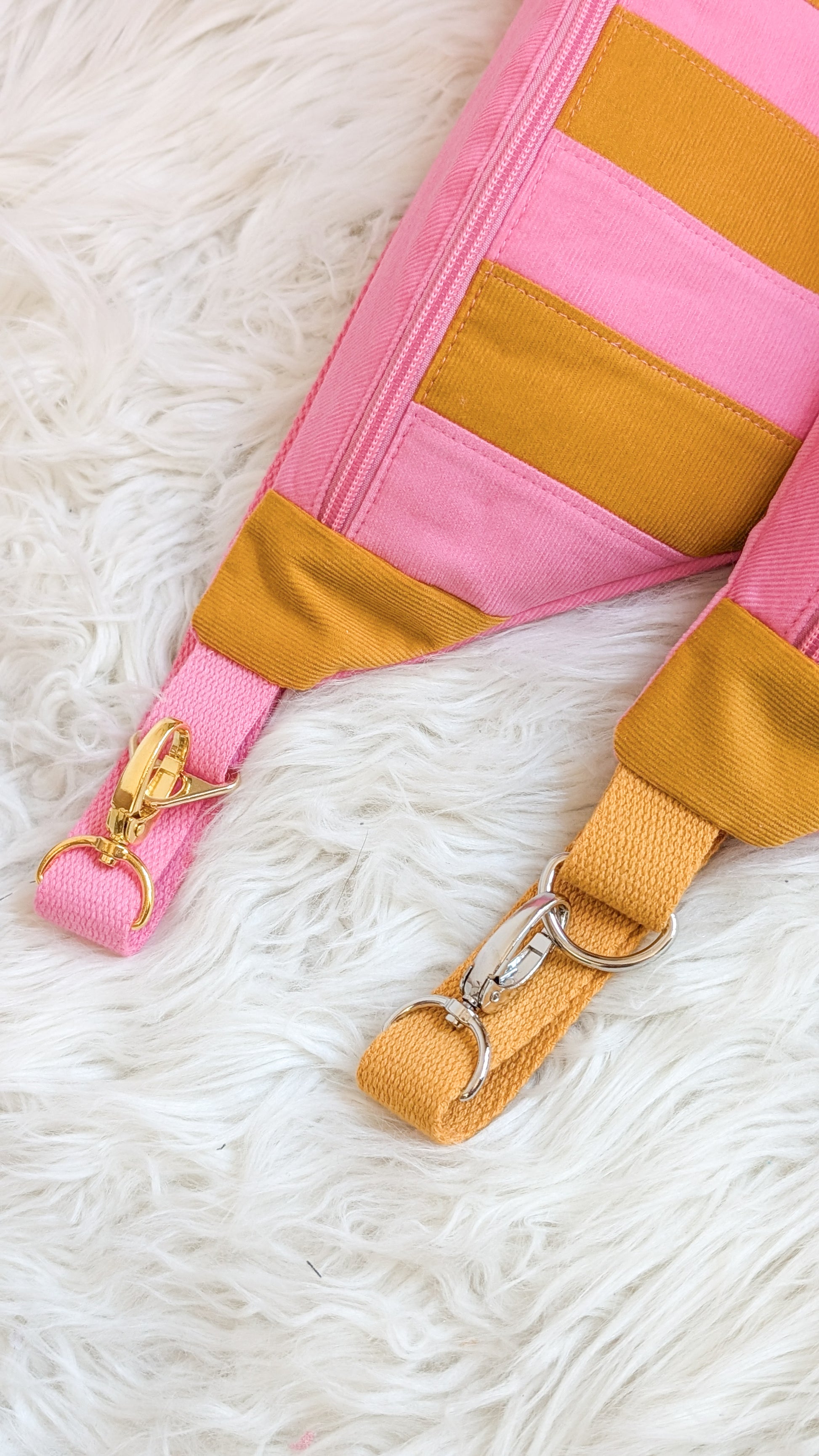Cord Hipbag Bauchtasche Cross Body Bag Patchwork Streifen Pink/Gelb