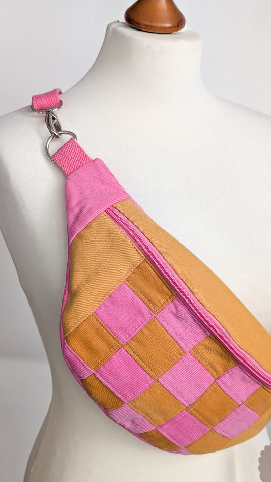 Zero Waste Patchwork Bauchtasche Pink/Gelb Cord Squares Einzelstück