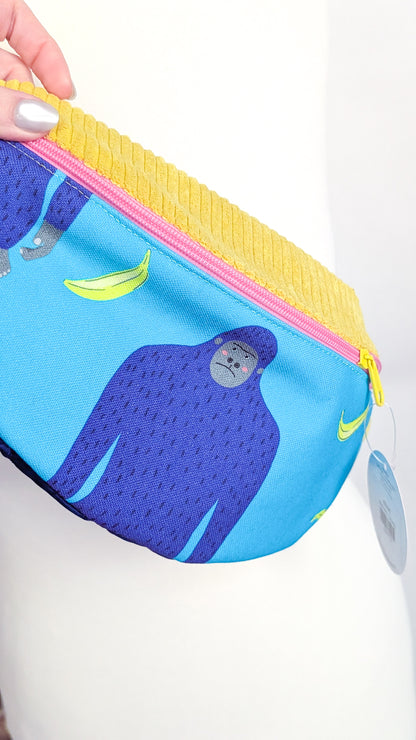 Bunte Dopamin Cord Bauchtasche Türkis/Gelb mit Affen & Bananen