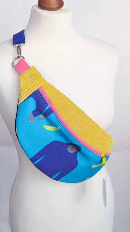 Bunte Dopamin Cord Bauchtasche Türkis/Gelb mit Affen & Bananen