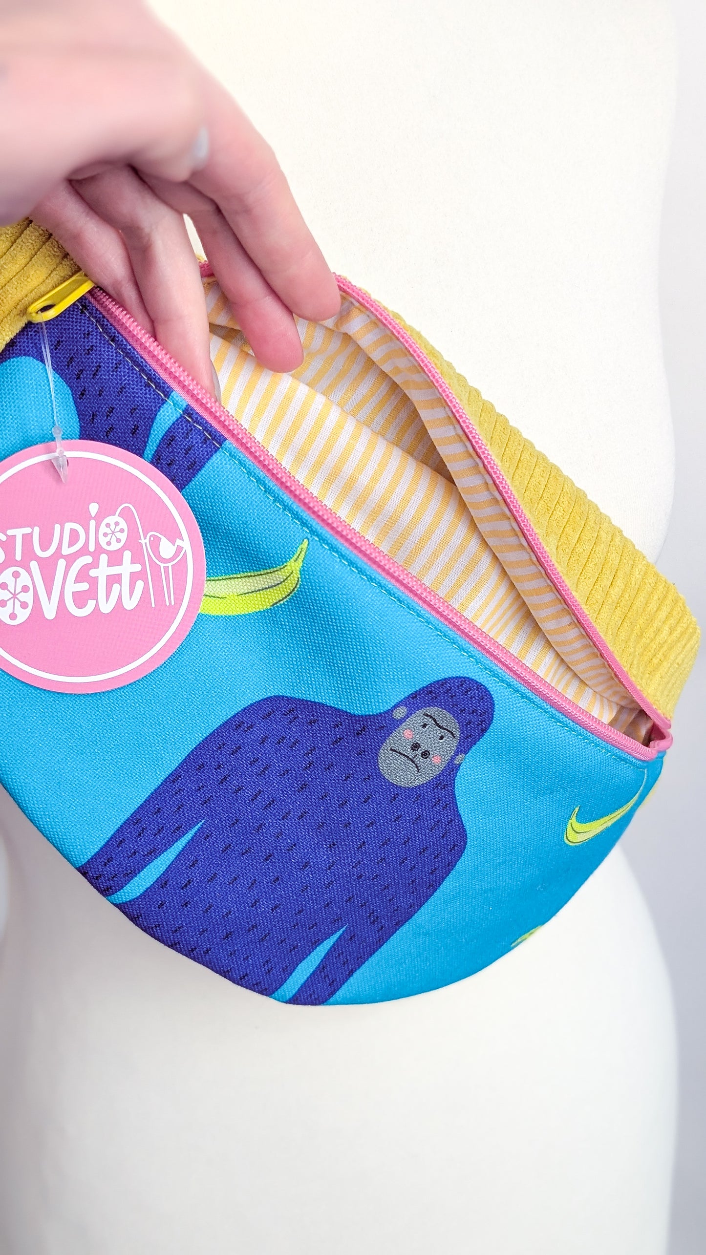 Bunte Dopamin Cord Bauchtasche Türkis/Gelb mit Affen & Bananen
