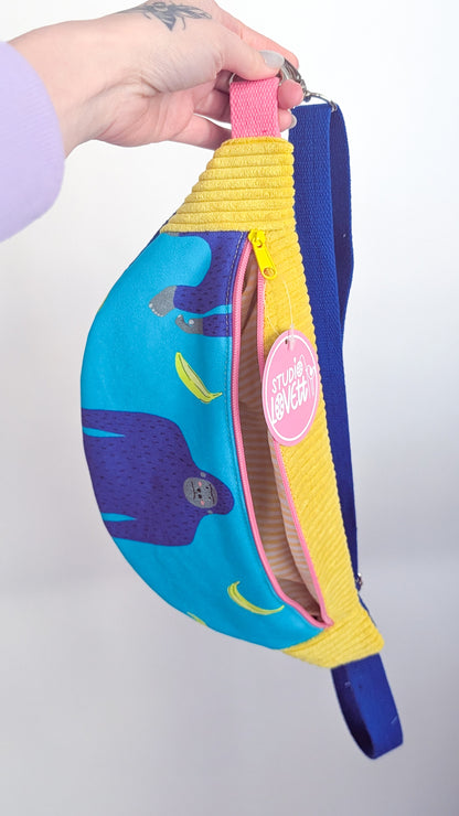 Bunte Dopamin Cord Bauchtasche Türkis/Gelb mit Affen & Bananen