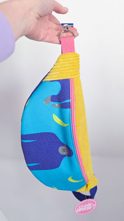 Bunte Dopamin Cord Bauchtasche Türkis/Gelb mit Affen & Bananen