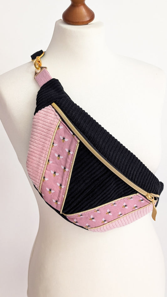 Zero Waste Bauchtasche Cord Bienen Rosé/Schwarz/Gold Einzelstück