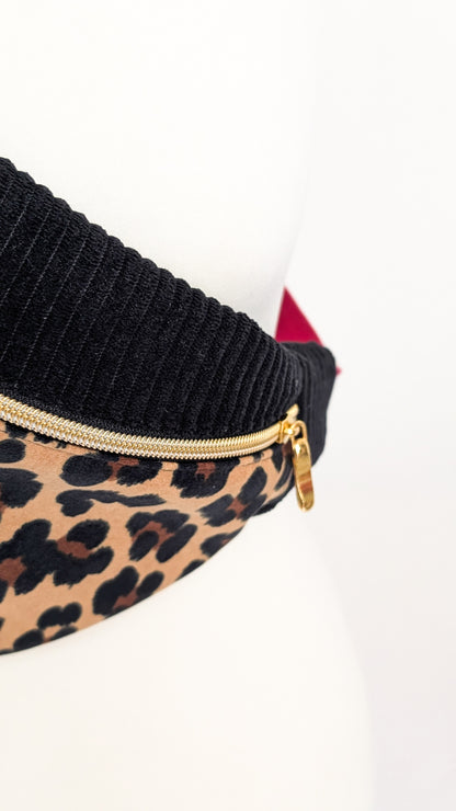 Cord Hipbag Bauchtasche Leopard Crossbody Tasche Schwarz/Burgund