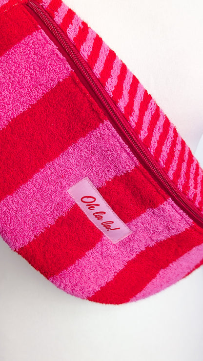 Upcycling Hipbag Bauchtasche aus Handtuch Pink/Rot Streifen Towel Bag Limitiert
