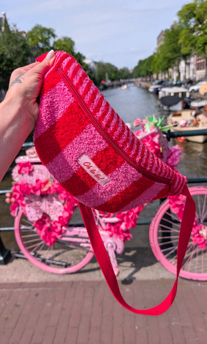 Upcycling Hipbag Bauchtasche aus Handtuch Pink/Rot Streifen Towel Bag Limitiert