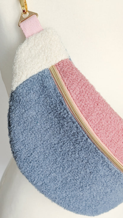 Kuschelige Pastell Teddy Bouclé Hipbag Bauchtasche Rose/Blau/Creme