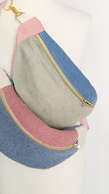 Kuschelige Pastell Teddy Bouclé Hipbag Bauchtasche Rose/Blau/Creme