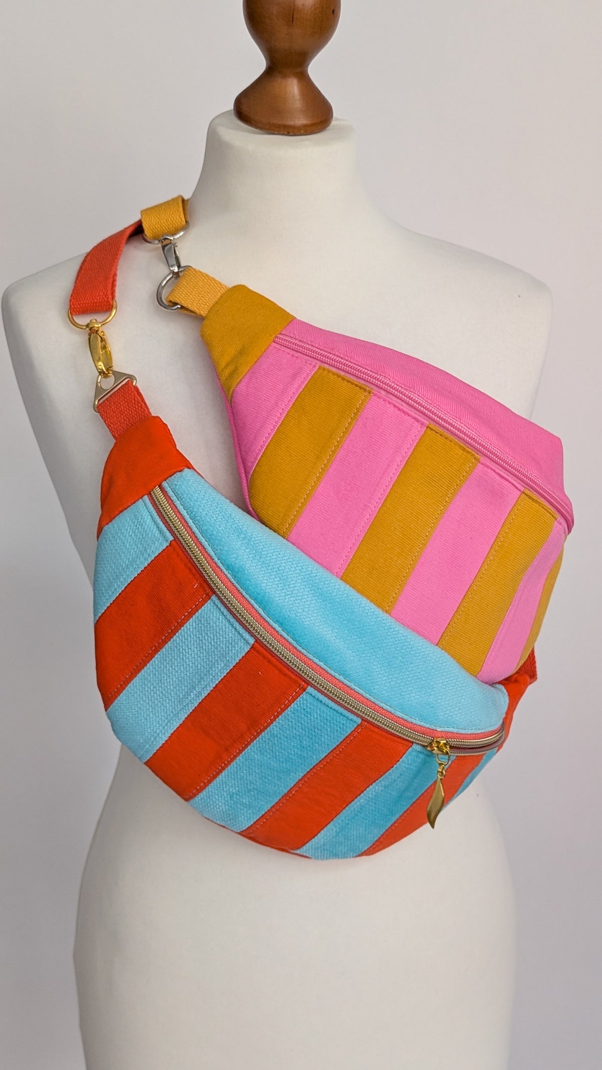 Cord Bauchtasche Patchwork Streifen Orange/Mint LIMITIERT