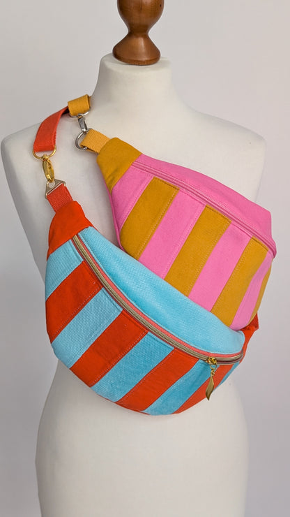 Cord Bauchtasche Patchwork Streifen Orange/Mint LIMITIERT