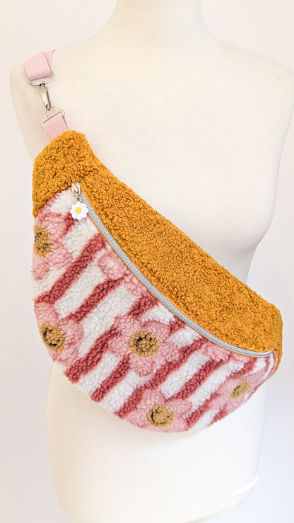 Große XL Umhängetasche Teddy Plüsch Tasche Gelb Smiley Daisies