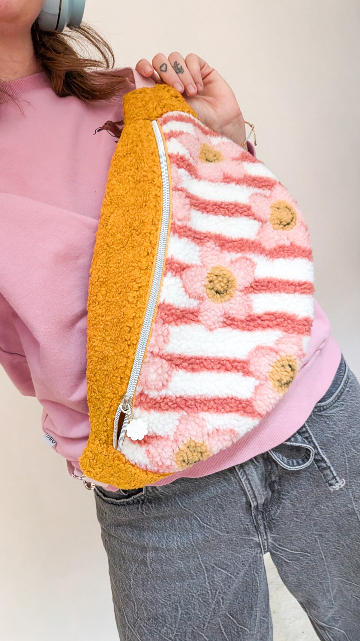 Große XL Umhängetasche Teddy Plüsch Tasche Gelb Smiley Daisies