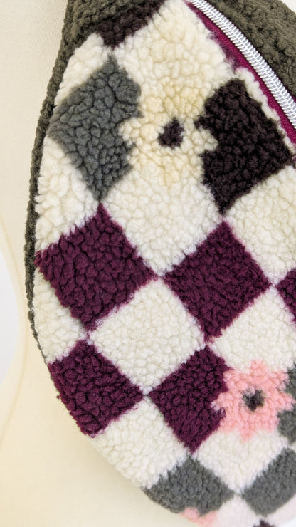 Große XL Umhängetasche Teddy Plüsch Tasche Olivgrün Schachbrett Blumen