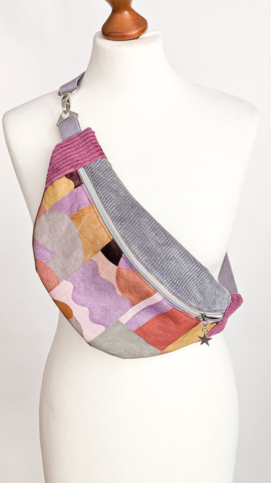 Color-Blocking Bauchtasche Umhängetasche mit geometrischem Muster grau/berry/ocker