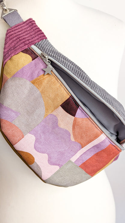 Color-Blocking Bauchtasche Umhängetasche mit geometrischem Muster grau/berry/ocker