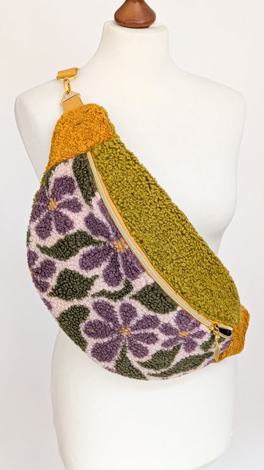 Große XL Umhängetasche Teddy Plüsch Tasche Retro Blumen Lila Grün Curry