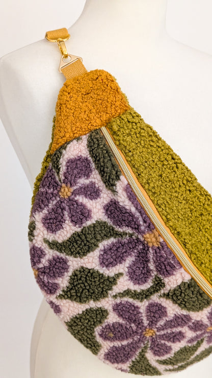 Große XL Umhängetasche Teddy Plüsch Tasche Retro Blumen Lila Grün Curry