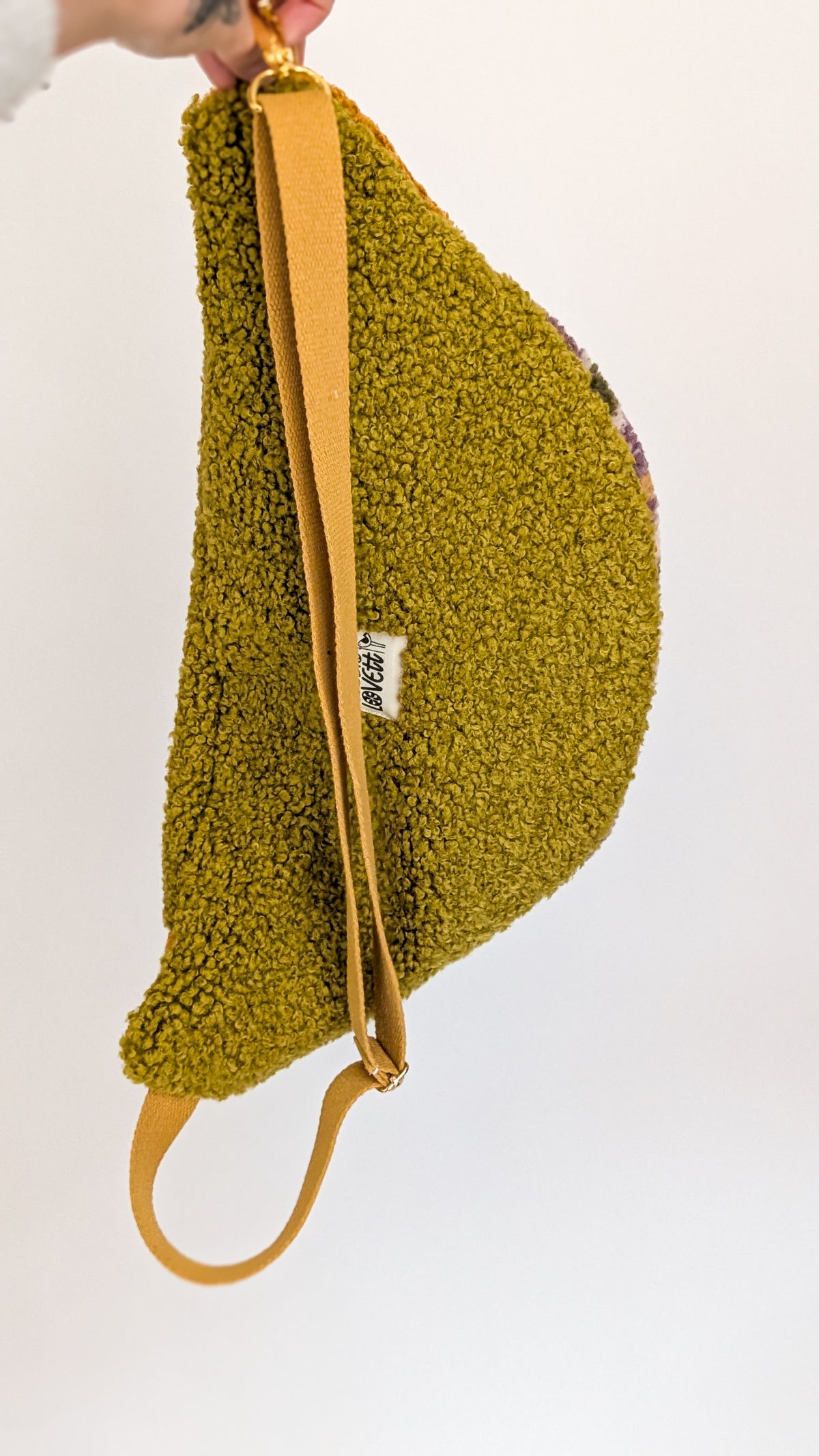 Große XL Umhängetasche Teddy Plüsch Tasche Retro Blumen Lila Grün Curry