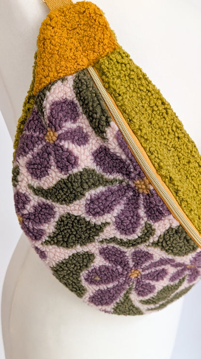 Große XL Umhängetasche Teddy Plüsch Tasche Retro Blumen Lila Grün Curry