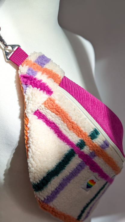 Große XL Umhängetasche Bunte Teddy Plüsch Cord Tasche Kariert Pink Creme Grün Orange