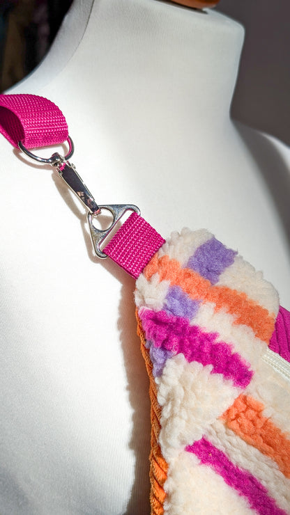 Große XL Umhängetasche Bunte Teddy Plüsch Cord Tasche Kariert Pink Creme Grün Orange