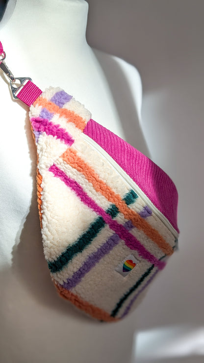 Große XL Umhängetasche Bunte Teddy Plüsch Cord Tasche Kariert Pink Creme Grün Orange