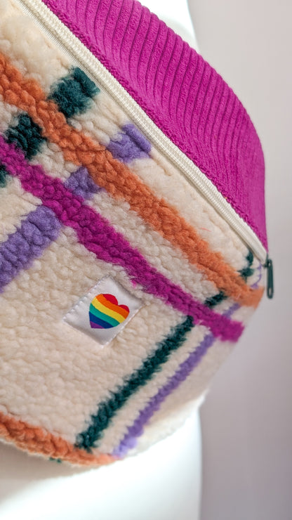 Große XL Umhängetasche Bunte Teddy Plüsch Cord Tasche Kariert Pink Creme Grün Orange
