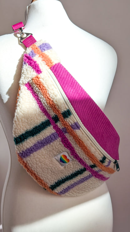 Große XL Umhängetasche Bunte Teddy Plüsch Cord Tasche Kariert Pink Creme Grün Orange