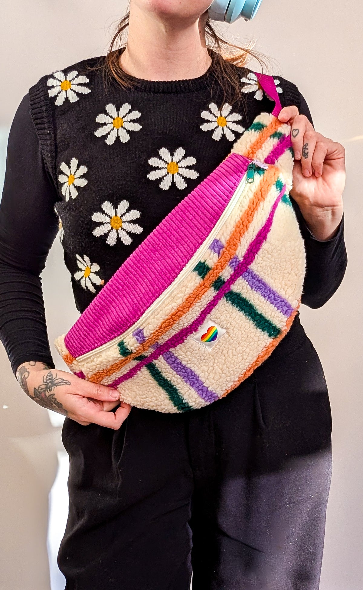 Große XL Umhängetasche Bunte Teddy Plüsch Cord Tasche Kariert Pink Creme Grün Orange