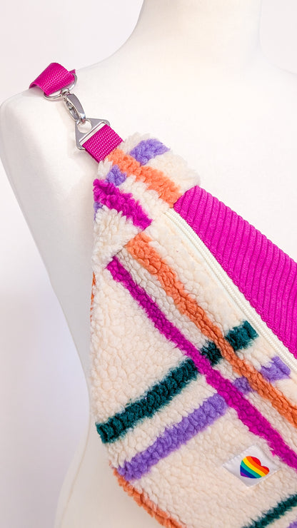 Große XL Umhängetasche Bunte Teddy Plüsch Cord Tasche Kariert Pink Creme Grün Orange