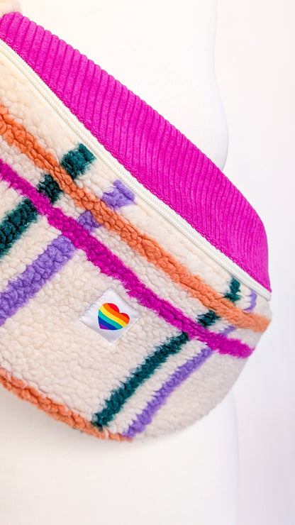 Große XL Umhängetasche Bunte Teddy Plüsch Cord Tasche Kariert Pink Creme Grün Orange