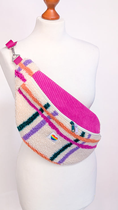 Große XL Umhängetasche Bunte Teddy Plüsch Cord Tasche Kariert Pink Creme Grün Orange