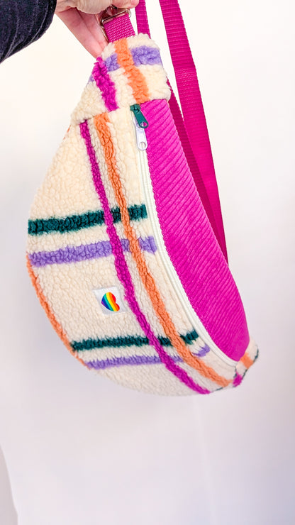Große XL Umhängetasche Bunte Teddy Plüsch Cord Tasche Kariert Pink Creme Grün Orange