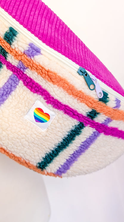 Große XL Umhängetasche Bunte Teddy Plüsch Cord Tasche Kariert Pink Creme Grün Orange