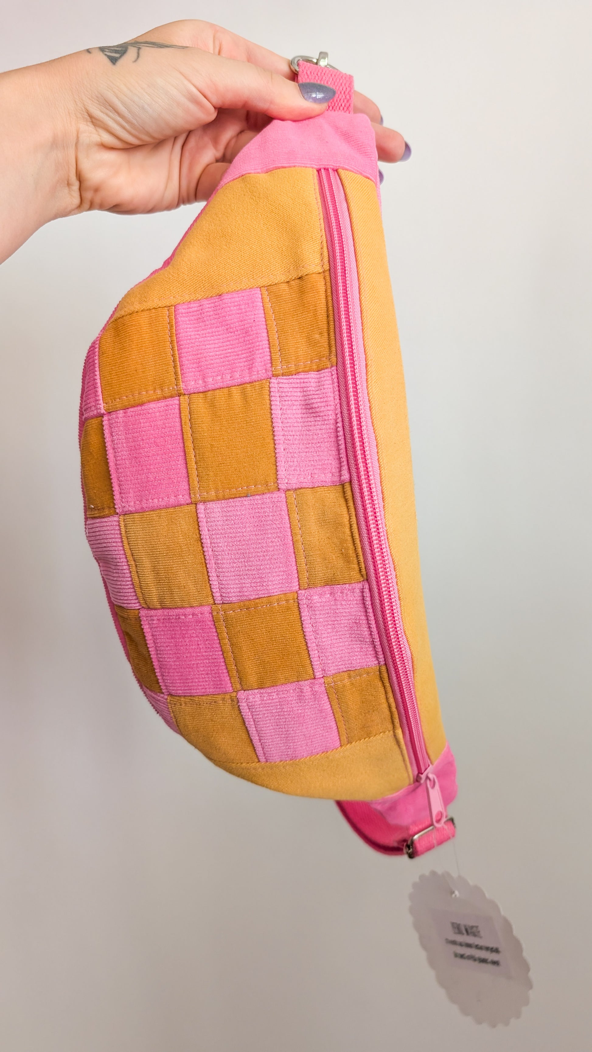 Zero Waste Patchwork Bauchtasche Pink/Gelb Cord Squares Einzelstück