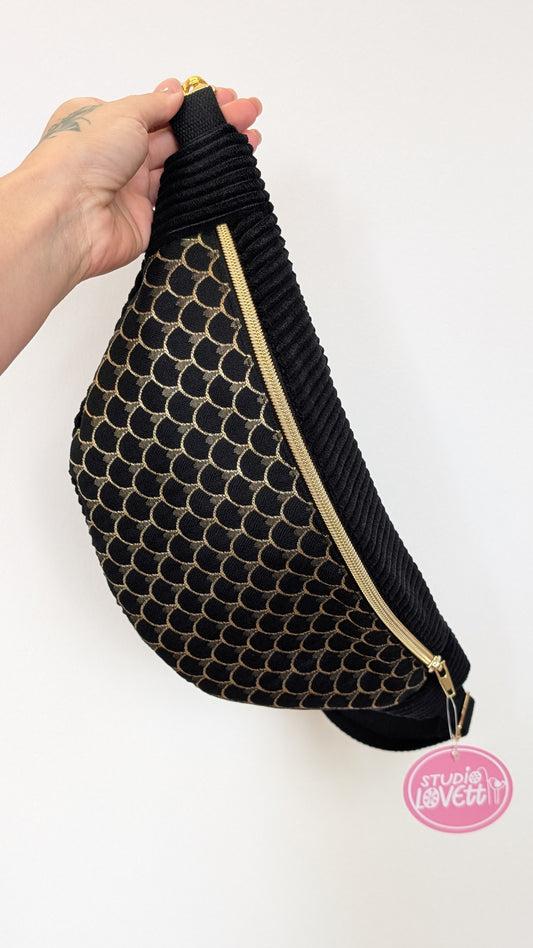 Edle Hipbag Cord Bauchtasche Schwarz/Gold Drachenschuppen