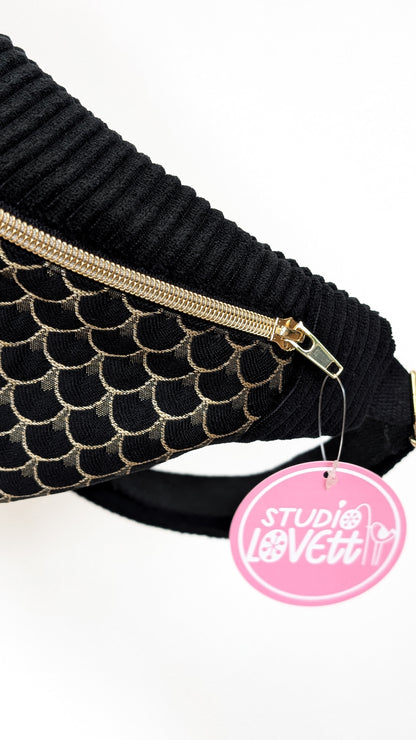 Edle Hipbag Cord Bauchtasche Schwarz/Gold Drachenschuppen