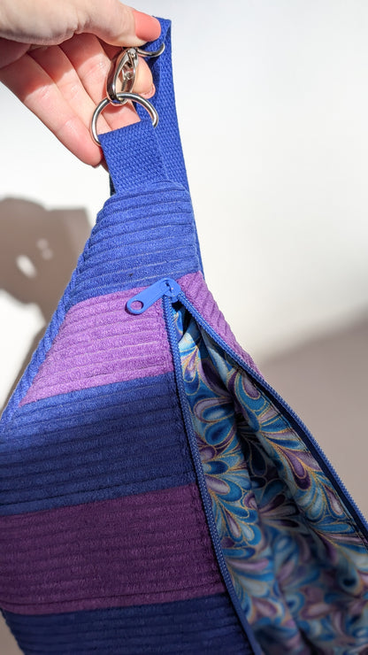 Cord Hipbag Bauchtasche Patchwork Streifen Umhängetasche Lila/Blau