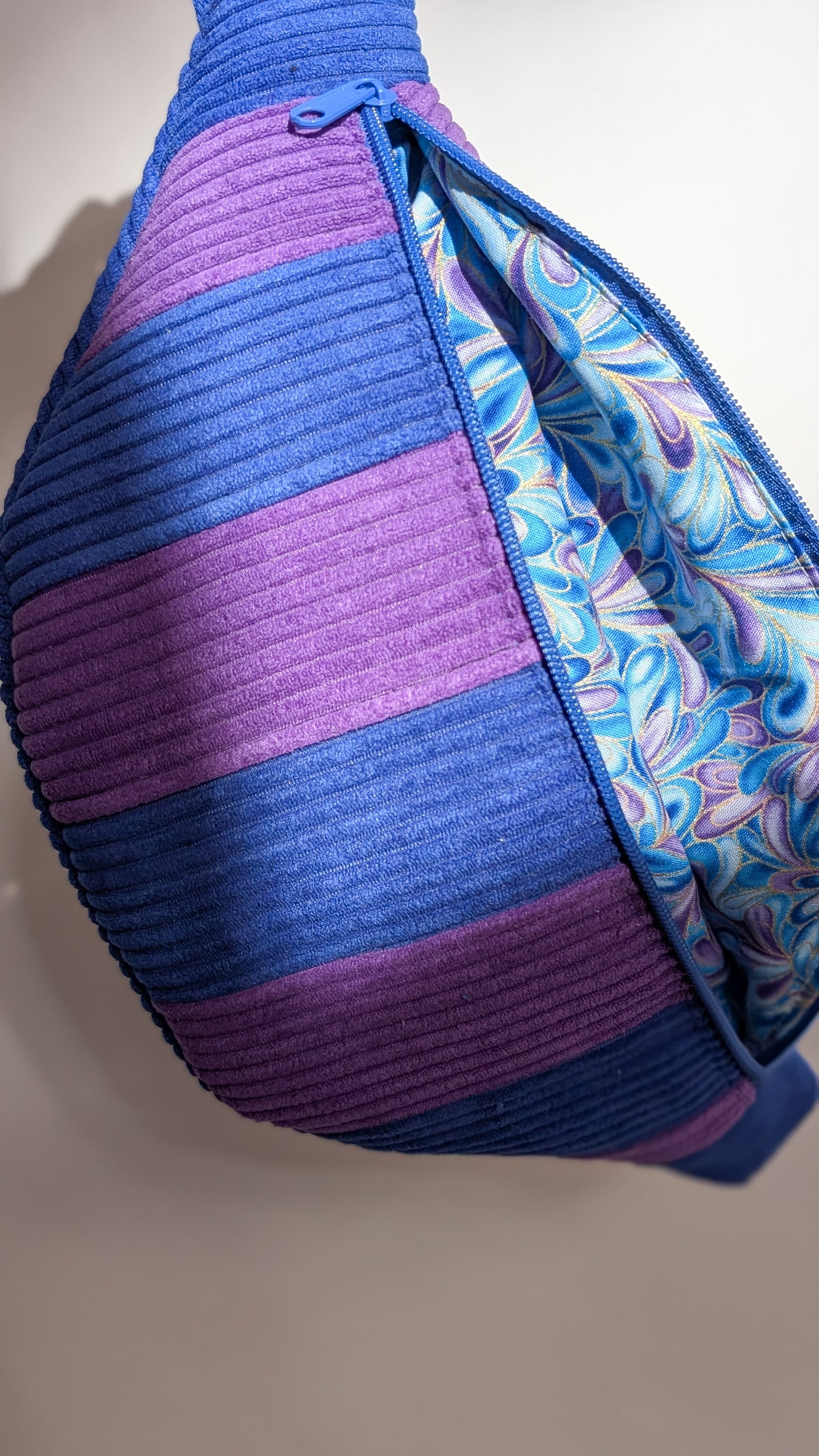 Cord Hipbag Bauchtasche Patchwork Streifen Umhängetasche Lila/Blau