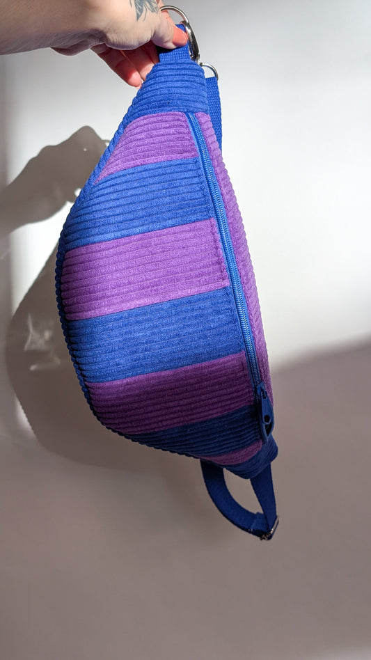 Cord Hipbag Bauchtasche Patchwork Streifen Umhängetasche Lila/Blau