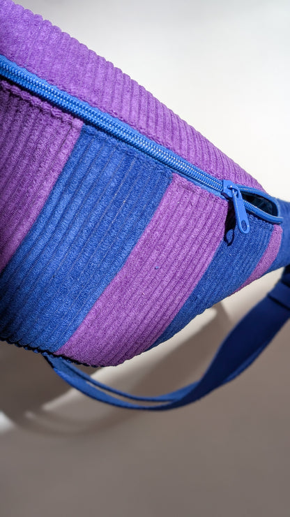 Cord Hipbag Bauchtasche Patchwork Streifen Umhängetasche Lila/Blau