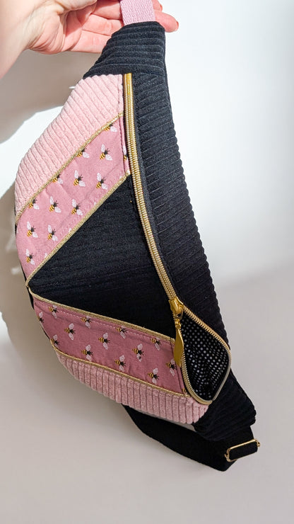 Zero Waste Bauchtasche Cord Bienen Rosé/Schwarz/Gold Einzelstück