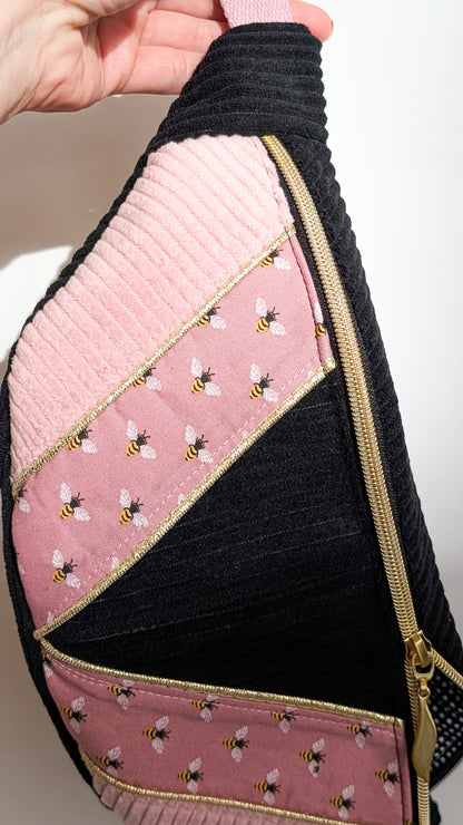 Zero Waste Bauchtasche Cord Bienen Rosé/Schwarz/Gold Einzelstück