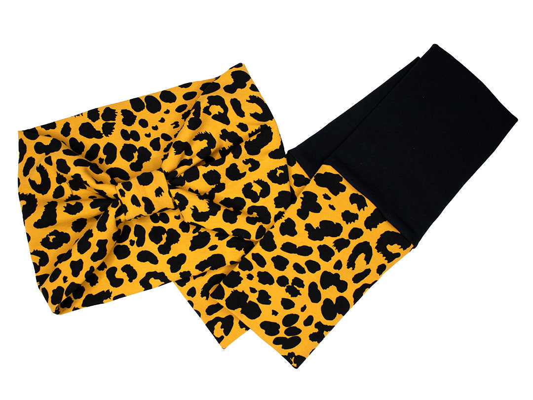 Turban Stirnband + Armstulpen Senfgelb Leopard