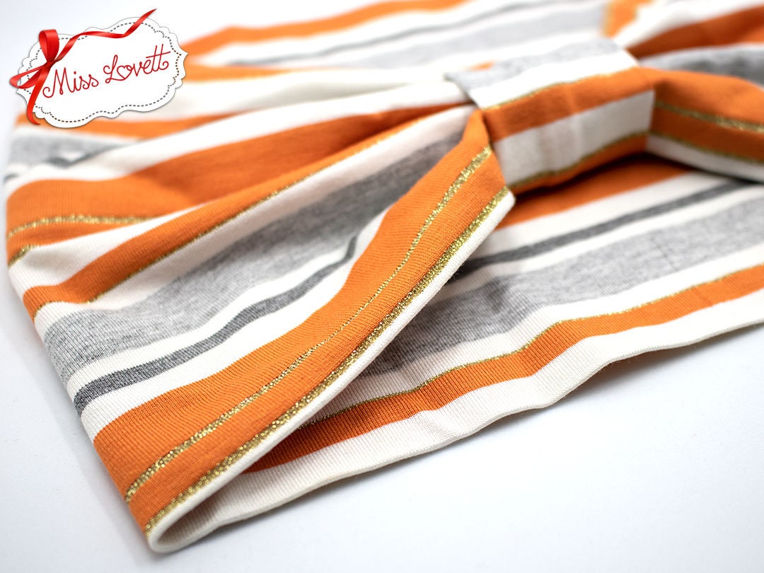 BELLA_40 Turban Stirnband Orange/Grau Lurex Streifen