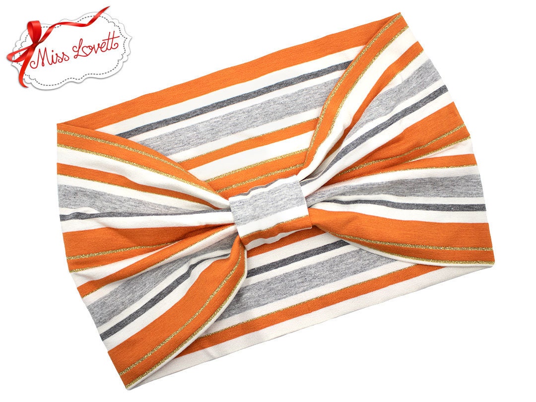 BELLA_40 Turban Stirnband Orange/Grau Lurex Streifen