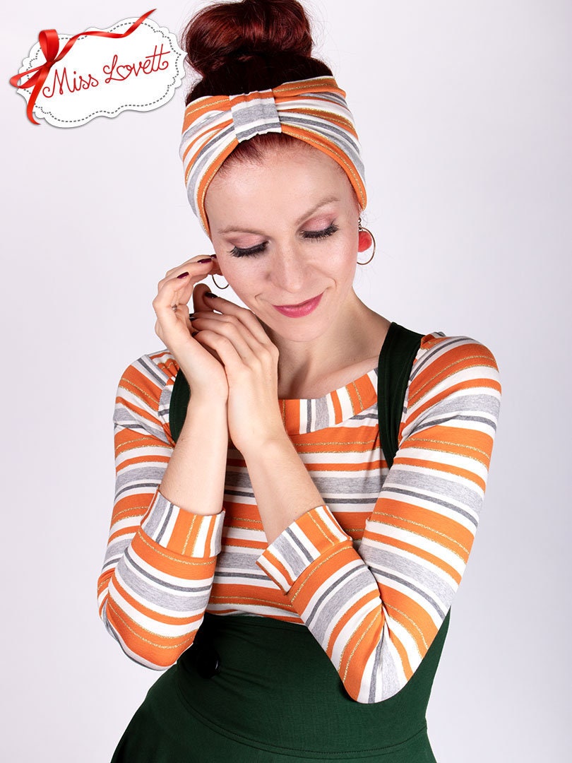 BELLA_40 Turban Stirnband Orange/Grau Lurex Streifen