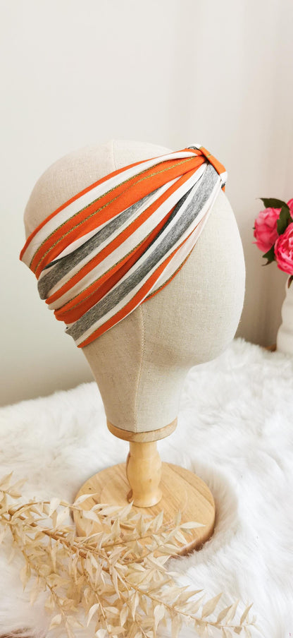 BELLA_40 Turban Stirnband Orange/Grau Lurex Streifen