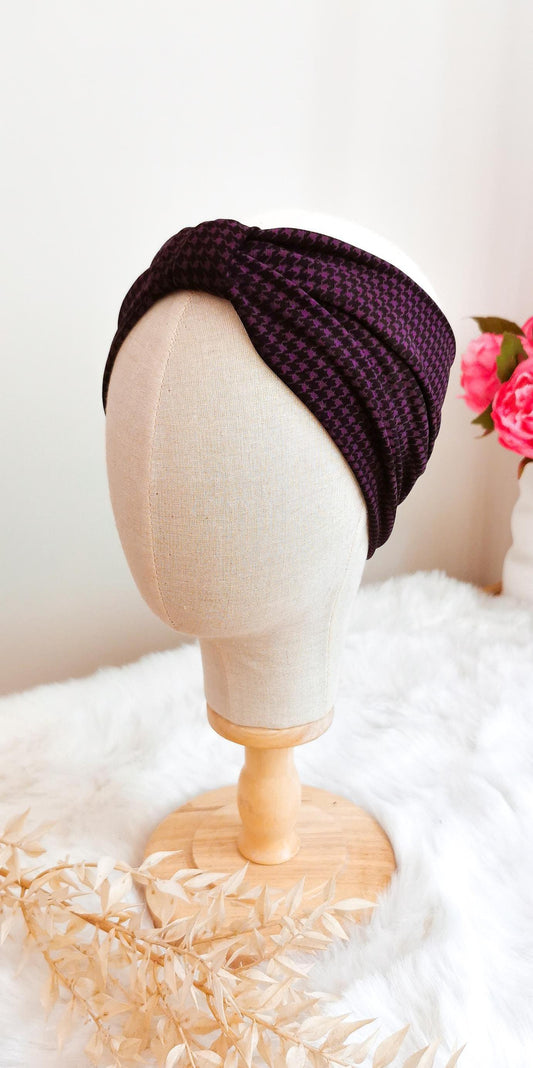 Weiches Stirnband in Aubergine/Schwarz Hahnentritt